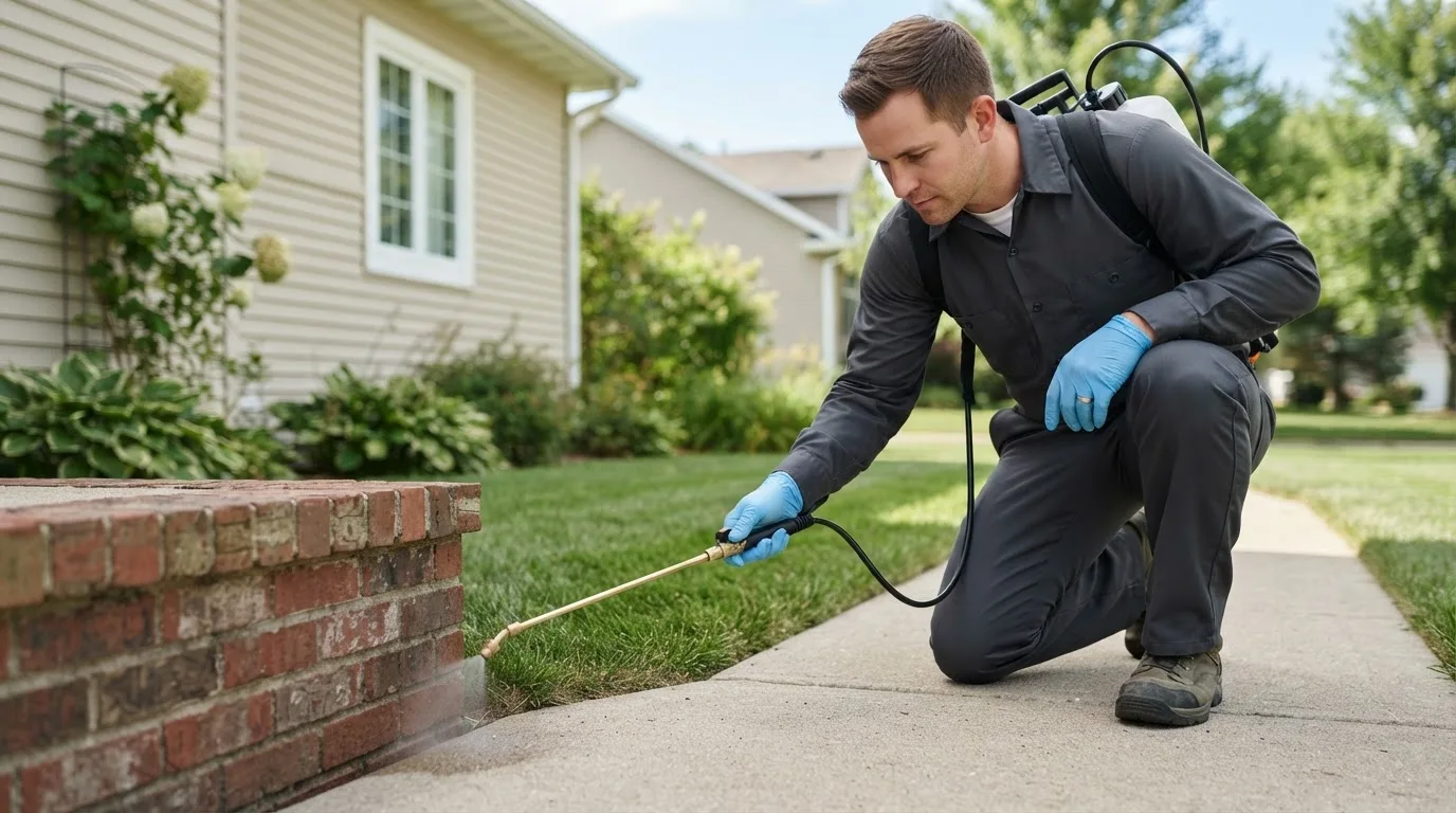 Pest control technician treating a home near Kingston, IL
