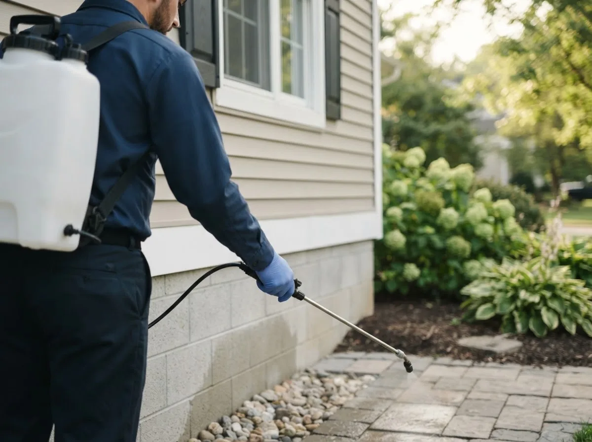 Pest control technician inspecting a home in Kingston, IL